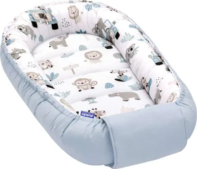 Produktbild von JUKKI® Baby Nestchen 100x55cm bis zu 9 Monaten BAUMWOLLE [Blue Safari] Babybett Reisebett Kokon Babynest Kuschelnest Nest