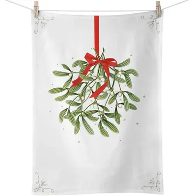 Zdjęcie produktu dla Świąteczna ściereczka kuchenna 50 cm x 70 cm Jemioła z kokardką, biała