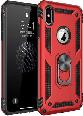 Produktbild von LaimTop iPhone XS Hülle, iPhone X Hülle, Hybrid Robuste Rüstung Drehbarer Ring Halter Ständer Dual Layer Hard PC + TPU Stoßfest Schutzhülle für iPhone X / iPhone XS Rot