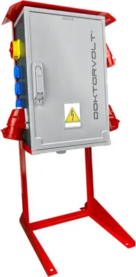 A portable electrical distribution box on a red stand.