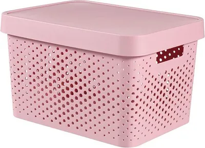 A pink storage box with a lid and perforated sides.