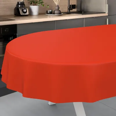 Tischdecke Textil-Optik UNI Rot Oval 200x140cm Schnittkante Wachstuch abwaschbar, Hauptbild