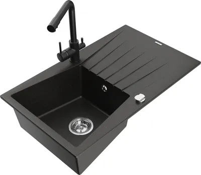 Produktbild von Mexen Cesar 1 Becken-Granitspüle mit Abtropffläche und Mischbatterie Duero, Schwarz/Gold metallisch - 6514-75-671600-70