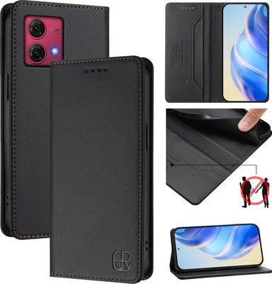Obrázek produktu pro Kožené pouzdro pro Motorola Moto G84, flipové pouzdro s přihrádkami na karty, peněženkou a stojánkem Černý
