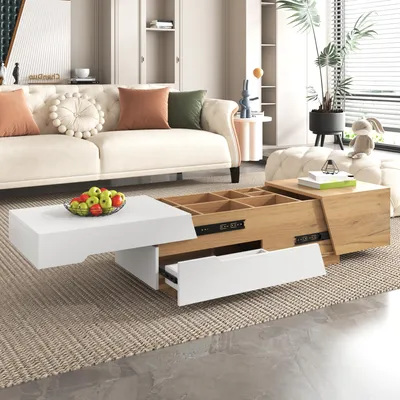 Image de MODFU Table Basse De Salon - Avec Mécanisme Glissant et Compartiments De Rangement, Style Moderne, 120×50×37,5 cm - Blanc Et Couleur Bois