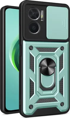 A phone case with a ring stand and camera cover.