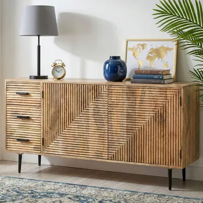 Immagine prodotto di FineBuy Credenza in legno massello di mango 160 cm Comò 2 ante e 3 cassetti Armadio da ingresso Armadio da soggiorno Gambe in metallo Credenza Armadio verticale Fatto a mano