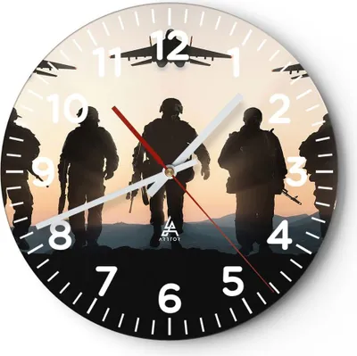 Produktbild von Wanduhr - Rund - Glasuhr - Armee Militaria - 30x30cm - Schleichendes Uhrwerk - Lautlos - zum Aufhängen bereit - Dekoration Modern - Wanddekoration aus Glas - C4AR30x30-3436