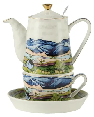 Teekanne-Set Porzellan, Hügellandhaus, 1 Kanne 500 ml, 1 Tasse 300 ml