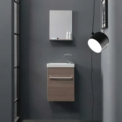 Produktbild von Kleines Badezimmermöbel für reduzierte Räume Rauchereiche mit Spiegel und Waschbecken | Smart