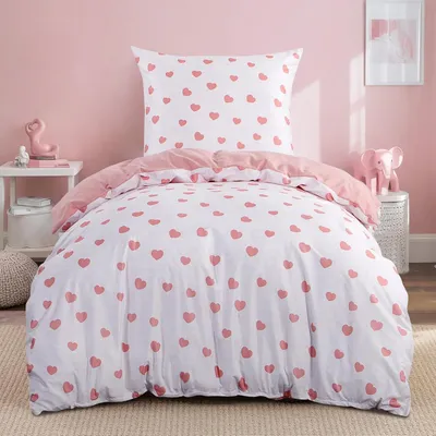 Produktbild von Bettwäsche-Set 135x200cm 2-teilig Rosa Mikrofaser mit Herzen und Reißverschluss