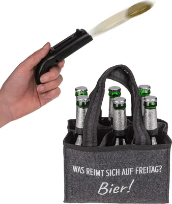 Produktbild von Flaschentasche mit Flaschenöffner Kronkorken Schussfunktion - Was reimt sich auf Freitag? Bier!