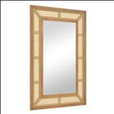 Produktbild von GOPLUS Wandspiegel, dekorativer Spiegel mit Holzrahmen in Rattanoptik, Hängespiegel Badspiegel Boho Dekospiegel für Flur (Rechteckig)