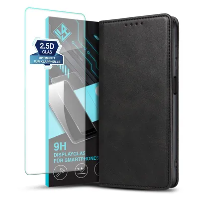 Produktbild von Handyhülle für Samsung Galaxy A25 5G mit 9H Displayglas Kunstleder Flip Cover Hülle Handytasche Case Kartenfach Farbe: Schwarz