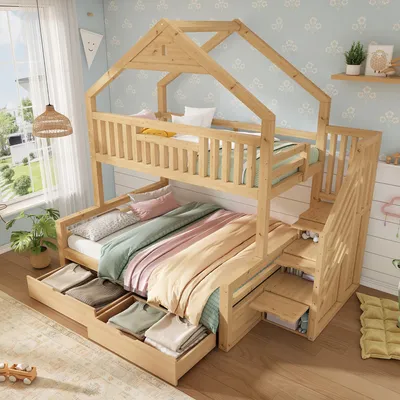 Produktbild von Kinder-Etagenbett 90x200 & 140x200 cm mit Giebeldach, Treppenschrank, 2 Schubladen, 50 cm Schutzgeländer und Lattenrost, Eichefarbe