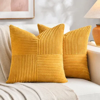 Produktbild von Set mit 2 gelben Cord-Kissenbezügen, 30 x 30 cm, weich, modern, dekorativ, Sofakissen, Boho-Herbstdekoration für Sofa, Schlafzimmer, Wohnzimmer, Balkon