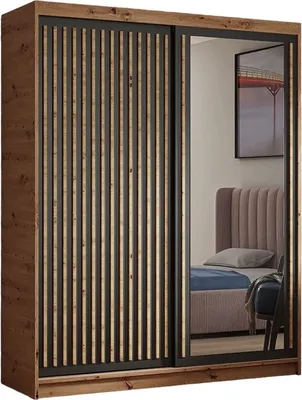 Image de Armoire Dora avec lamelles et miroir 120 cm, 2 portes coulissantes incluses Armoire à portes coulissantes (couleur : artisan, noir, lamelles artisan)