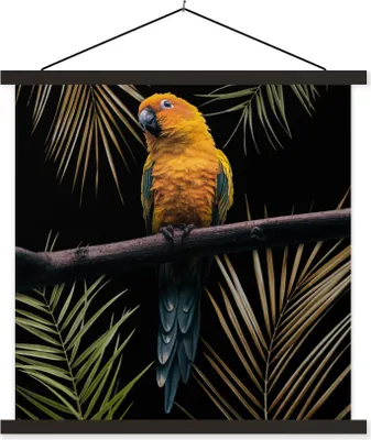 Produktbild von MuchoWow® Textilposter Vogel - Papagei - Zweig - Blätter 90x90 cm mit schwarzem Rahmen - Magnetisches