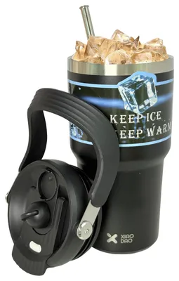 Thermosbecher 600 ml, Edelstahl, auslaufsicher, mit Strohhalm und Griff, Schwarz
