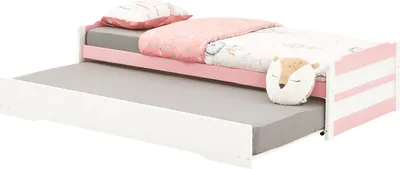 Produktbild von Ausziehbett LORENA in 90 x 190 cm, schönes Kinderbett aus Kiefer massiv in weiß/rosa, praktisches Jugendbett mit Auszugskasten