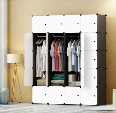 Produktbild von FCH Kleiderschrank mit 4 Kleiderstangen, DIY Baukastensystem, Steckböden, tiefe Ausführung, 5 Ebenen mit 20 Fächern, 142*47*178cm, weiße Tür und schwarzer Korpus