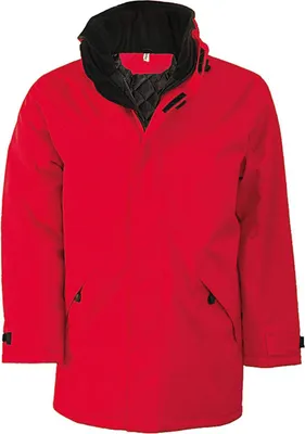 A red parka jacket shown front-on against a white background.