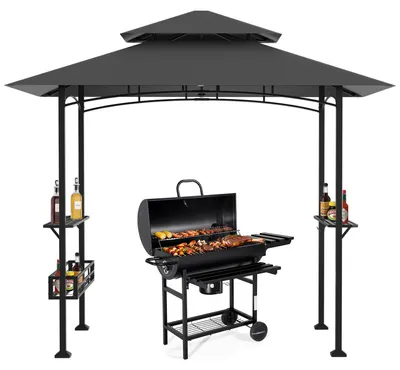 Produktbild von Eikuavons Grillpavillon mit Doppeldach 238x148x250 cm Schwarz, BBQ Pavillon mit Seitenregalen, Metallkorb, Haken & Flaschenöffner