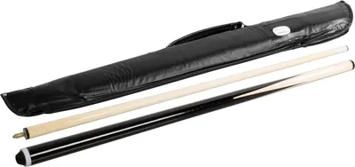 A billiard cue and its case are laid out on a white background.