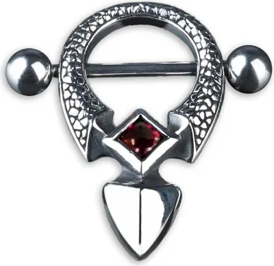 Produktbild von KoolKatana Brustpiercing Nippel Schild Barbell mit Anhänger mit rotem Stein Chirurgenstahl 316 L teilweise geschwärzt Z163.D3