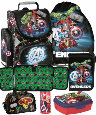 Produktbild von 6tlg AVENGERS Schulranzen set Ranzen Schulrucksack rucksack Federtasche Sportbeutel Trinkflasche Brotdose Reisetasche MARVEL HULK IRON MAN fur jungen