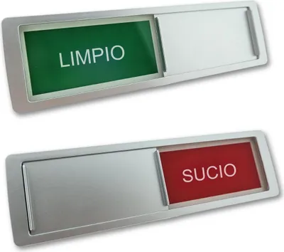 Produktbild von Schiebeschild "Limpio-Sucio" in einem silberfarbenen Kunststoffschiebeprofil ca. 178x50mm
