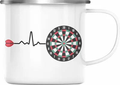 Produktbild von Trendation - Dart Herzschlag Geschenk Emaille Tasse Emaille Emaille Tasse Dartspieler Geschenkidee Darts Geschenke für Männer Frauen (Silber)