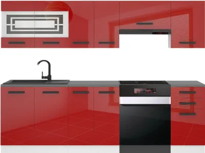 Produktbild von Belini Küchenzeile Küchenblock Lily - Küchenmöbel 240 cm Einbauküche Vollausstattung ohne Elektrogeräten mit Hängeschränke und Unterschränke, ohne Arbeitsplatten, Rot Hochglanz
