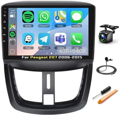 Zdjęcie produktu dla Radio samochodowe do modelu 207, rocznik 2006-2015, z bezprzewodowym CarPlay i Android Auto, 9-calowym dotykowym ekranem IPS, procesorem 8-rdzeniowym, pamięcią 2+64G, funkcjami Bluetooth/WiFi/Mirror Link/GPS oraz kamerą cofania.