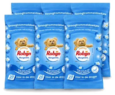 Image de 6 feuilles assouplissantes pour sèche-linge Robijn, parfum "Morgenfris" - Pack économique - 6 pièces