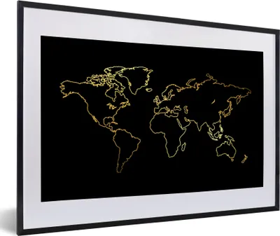 Produktbild von MuchoWow® MuchoWow® Gerahmtes Poster Goldene Weltkarte auf schwarzem Hintergrund 60x40 cm - Poster mit zchwarzem Bilderrahmen - Schlafzimmer - Plakat in Rahmen - Drucken