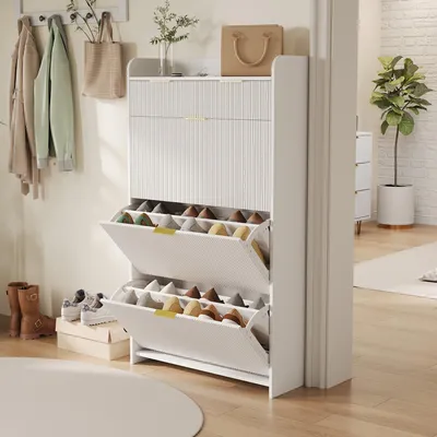 Obrázok produktu pre Skriňa na topánky Fortuna Lai s 3 chlopňami, 2 zásuvky, výklopná komoda na topánky so zásuvkami, skrinka na topánky, botník, polica na topánky, 77 × 24 × 133,5 cm, biela