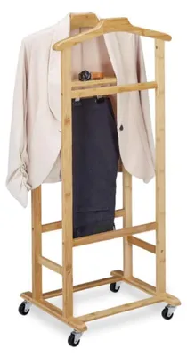 Obrázok produktu pre Mobilný vešiak na oblečenie – bambusový stojan na oblečenie – s kolieskami – vešiak do spálne – organizér na oblečenie, 107x47x37 cm – prírodný bambus – prírodná farba