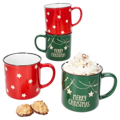 Produktbild von 4x Emma rot & grün Jumbobecher 400ml Steingut-Tassen 4 Pers. Kaffee Weihnachten