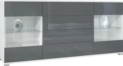 Produktbild von Vladon Sideboard Bari V2, Kommode mit 2 großen Türen und 4 Schubladen, Weiß matt/Grau Hochglanz (166,5 x 75,5 x 35)