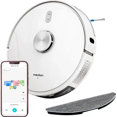 Image de MEDION Robot aspirateur avec navigation laser et fonction balayage X41 SW (Puissance d'aspiration élevée 8000Pa, aspirateur robot 2en1, cartographie précise, zones Go & No Go, plusieurs étages)