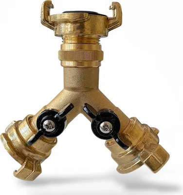 Produktbild von Y-Verteilerstück mit 2x Kugelhahn 3x Schnellkupplung, Messing, Nockenweite 40 mm