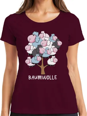 Produktbild von Baumwolle Schafbaum Cartoon Baumwollbaum Schafe Bauernhof Humor Damen T-Shirt, Burgundy, M