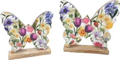 Produktbild von 2er Set Dekofiguren Schmetterlinge Blumenmeer 21 + 24cm Mangoholz Formano F26