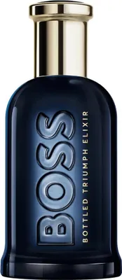 A studio shot of a bottle of Hugo Boss Bottled Triumph Elixir EDP.