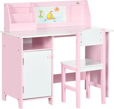 A pink and white children's desk and chair set.