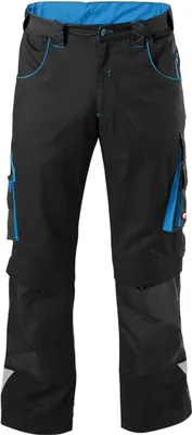 A pair of black work pants with blue accents.