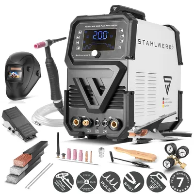 Zdjęcie produktu dla STAHLWERK Spawarka łukowa w osłonie gazów AC/DC TIG 200 Puls Pro Digital - W pełni wyposażona - Inwertor kombi z 200 A, funkcja MMA, puls/spot, aluminium i cienkie blachy