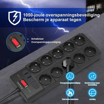 Obrázek produktu pro Zásuvková lišta s 10 zásuvkami, 4 USB porty (2x USB-C PD 20W, 2x USB-A), výkon 4000W/16A, ochrana proti přepětí, prodlužovací kabel 5 metrů - černá barva