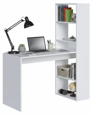 Produktbild von Schreibtisch Denton, Wendeschreibtisch mit Bücherregal mit 5 Böden, Studier- oder Bürotisch für PC-Buchhalter, 120x53h144 cm, Weiß